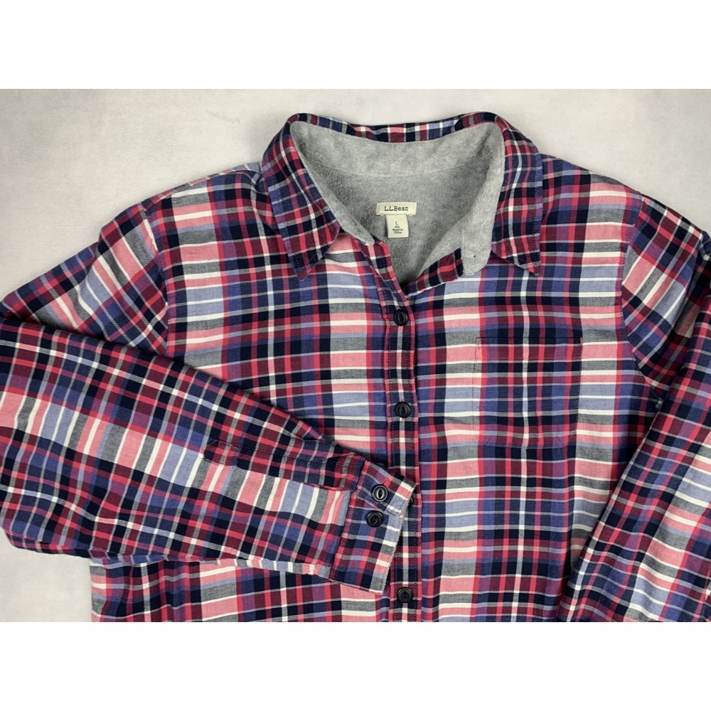 L.L.Bean Flannel Shirt Jacket Womens Large Plaid Lined‎ Button Front